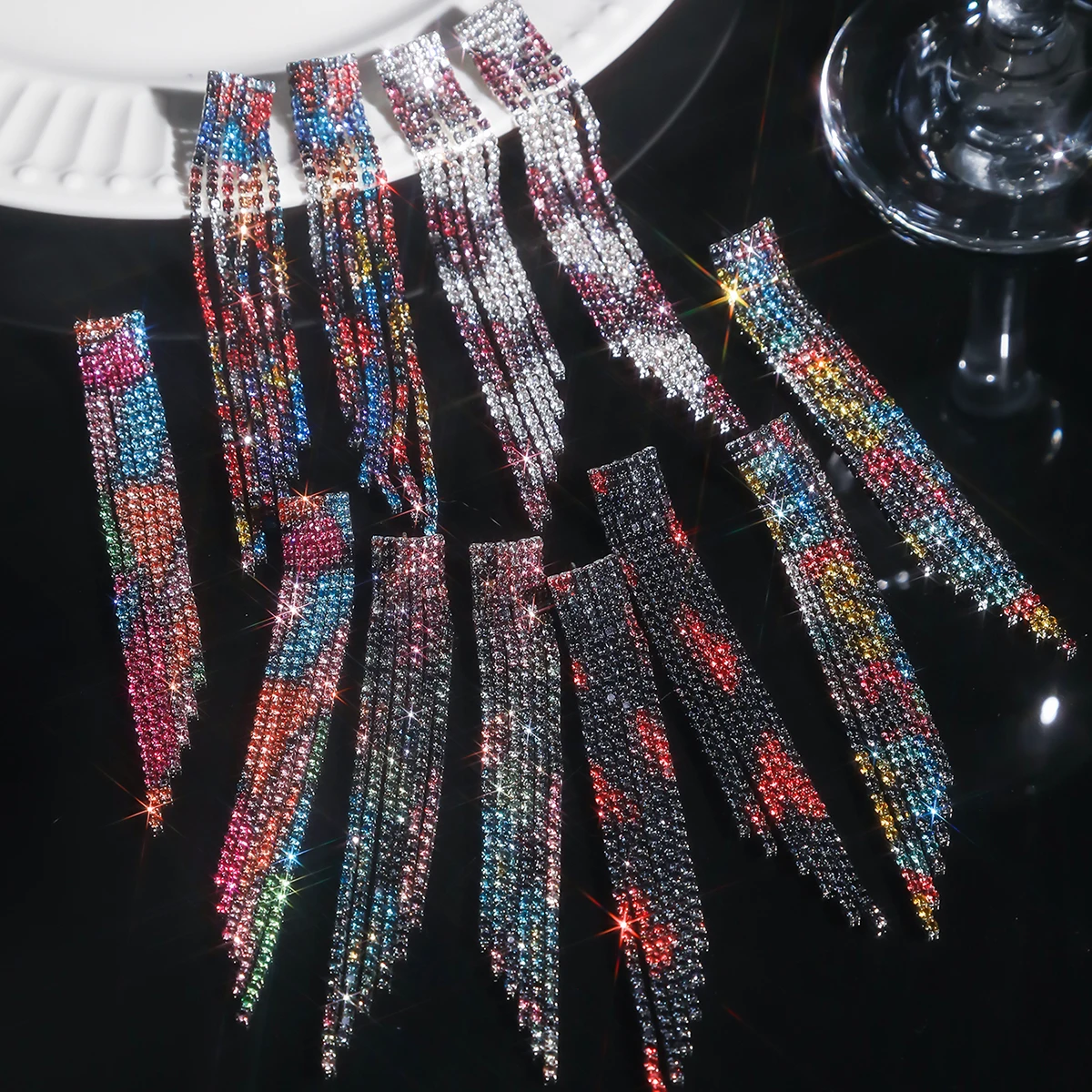 Luxury Bevelled Edge Long Tassel Rhinestone Dangle Earrings for Women Sparkly Colorful Tassel Lightweight Ear Studs Jewelry