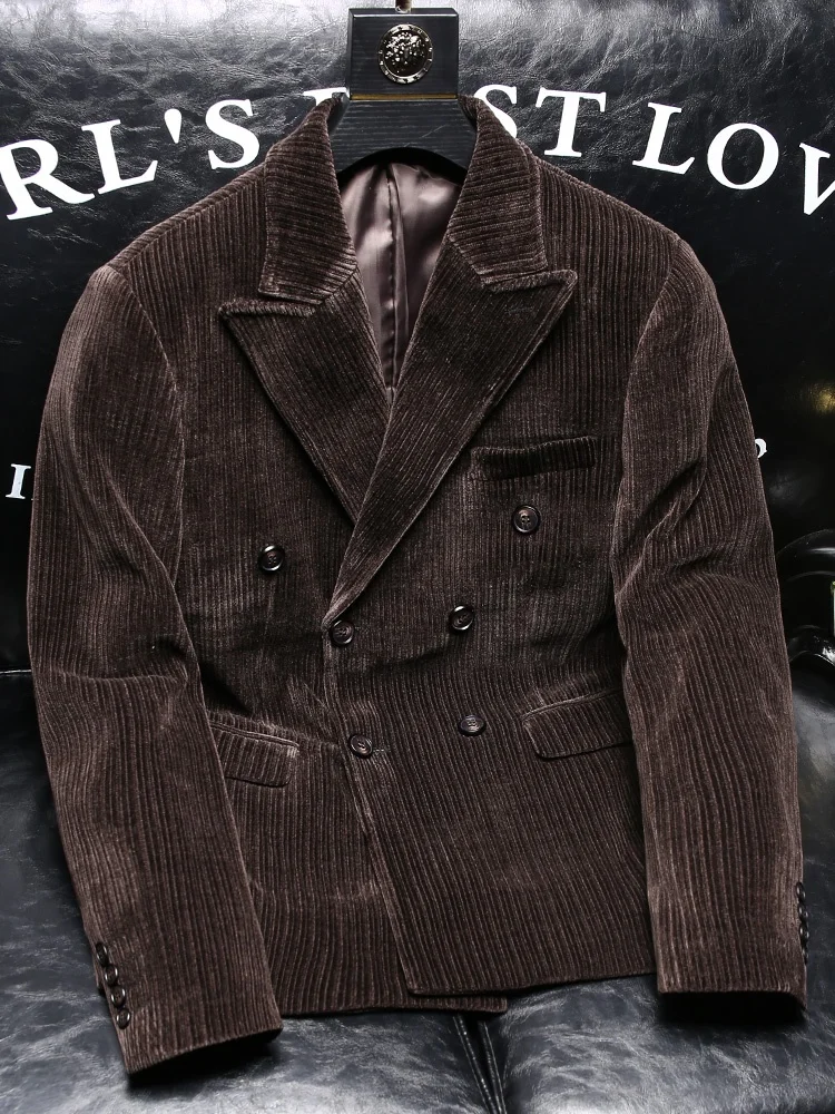 

Thickened Double-breasted Autumn Winter Men's Business Casual Velvet Jacket Fashionable Slim Fit Outerwear Polyester Fiber