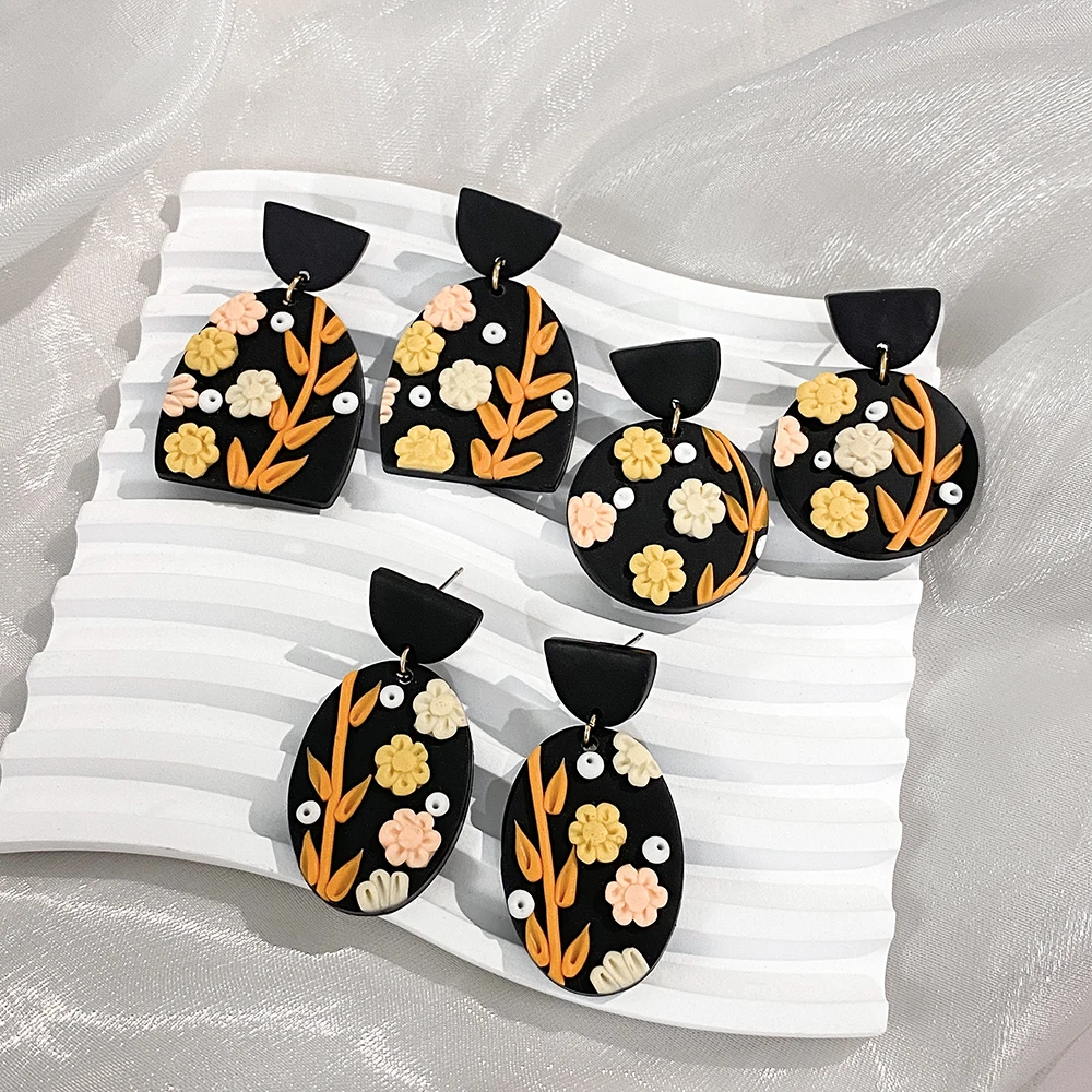 AENSOA Three-dimensional Flower Earrings Black Geometry Design Handmade Polymer Clay Flower Pattern Women Fashion Jewelry Unique