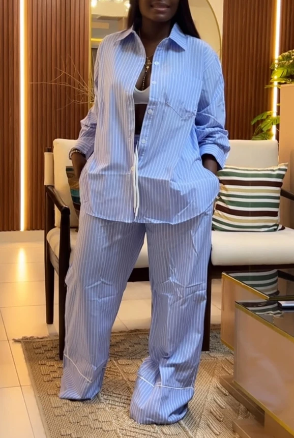 

Introducing the Latest: Fashionable Collar Striped Loose Shirt and Wide - Leg Pants Co - ord Set