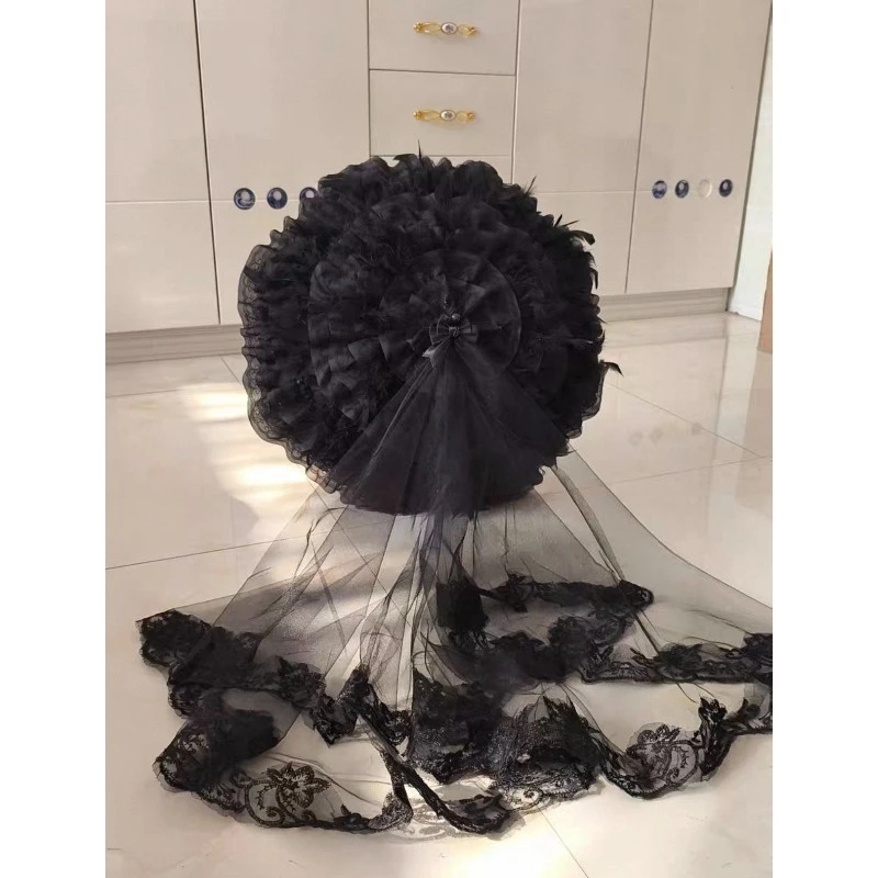 Handmade Black Feather Umbrella With Detachable Tulle Decorative Party Shooting Prop Umbrella