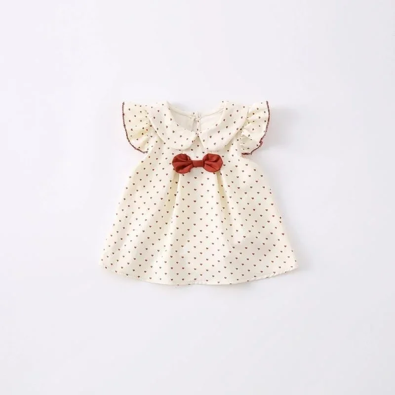 

Baby Girl Summer Sweet Style Dress 0-24M Princess Style Bow Allover Heart Print Peter Pan Collar Ruffled Sleeve A-line Skirt