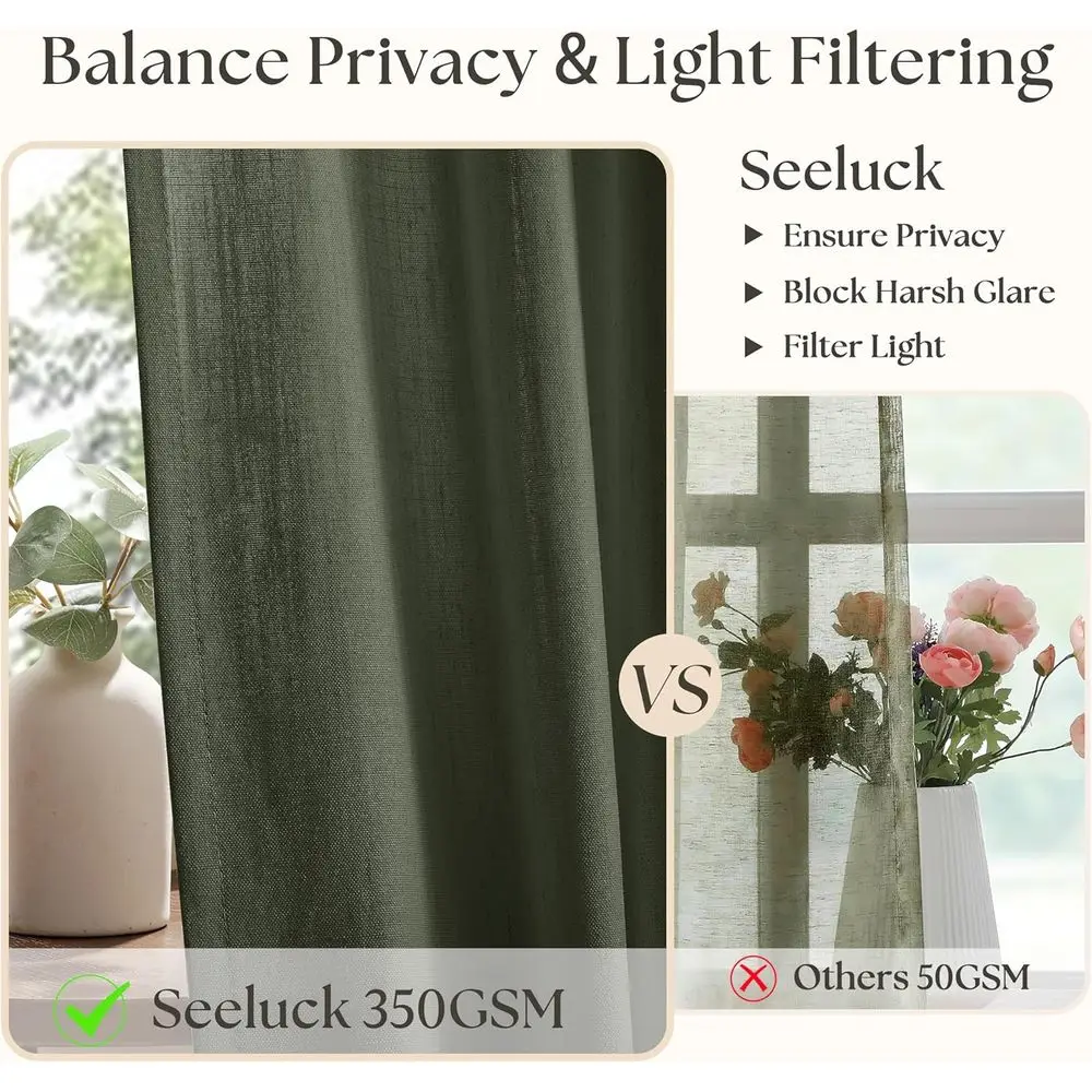 84 Tende plissettate in lino verde cacciatore con ganci, semitrasparente per soggiorno e sala da pranzo