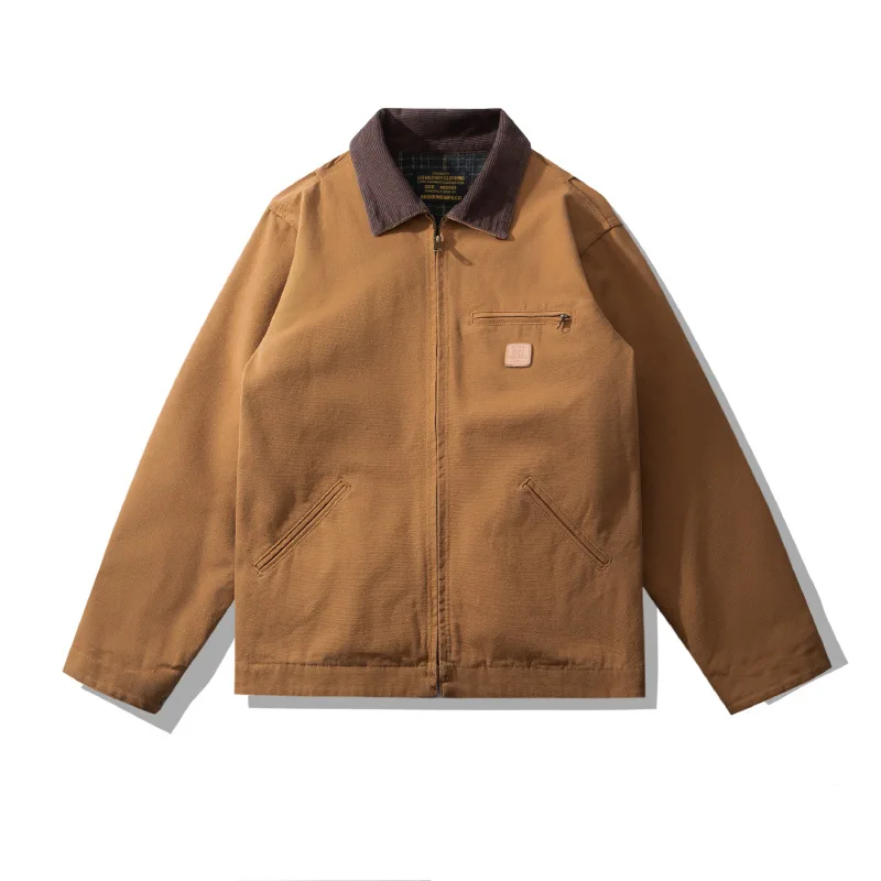 

Casual Solid Color Youth Jacket Men Denim Jackets Winter Long Sleeves Thickened Tops Lapels Zippers Side Seam Pocket Coats Men's