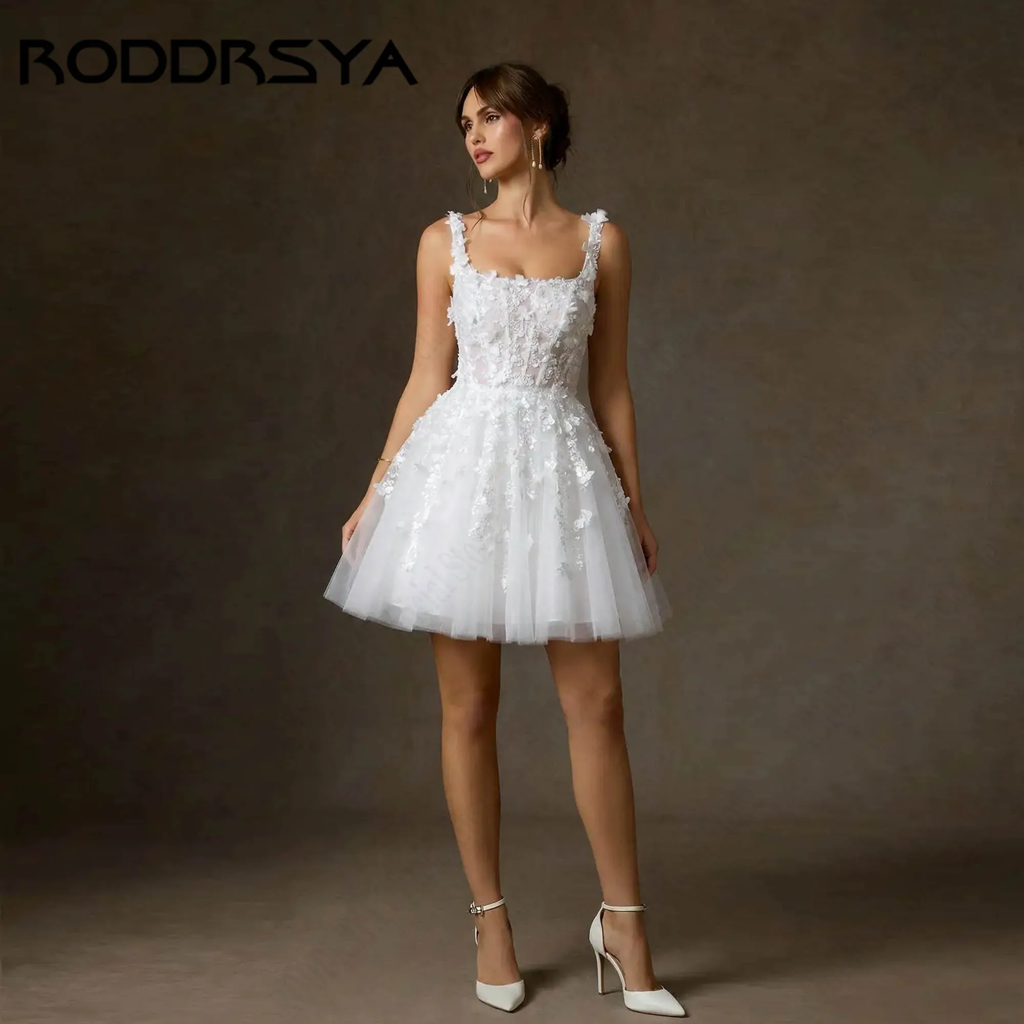 RODDRSYA Romantic Mini Ballgown White A-Line Square Neck Appliques Wedding Dress Sleeveless Backless Bride Party Gown Customized