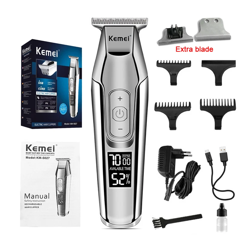 Kemei 5027 Barber Hair Trimmer Zero Gapped Cordless Edge Hair Clipper Close-cutting Machine for Lining Dry Shaving LCD Display