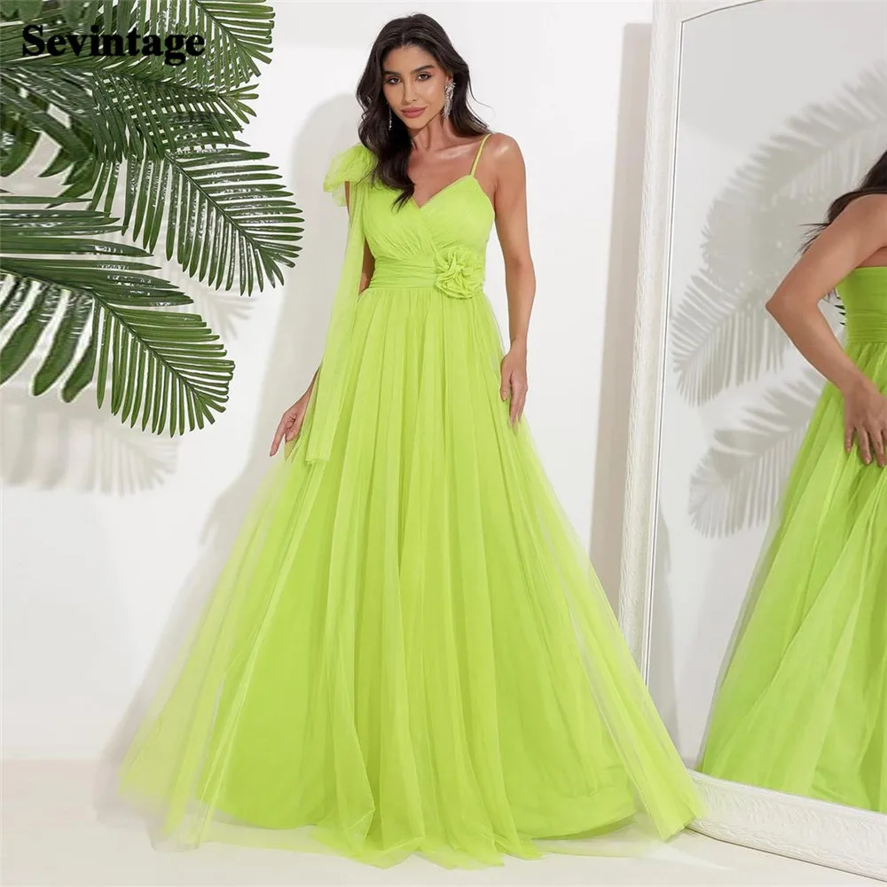 

Sevintage Elegant Mint Green Prom Dress Tulle V-Neck Spaghetti Strap Pleat Ruched Formal Evening Dress Floor Length Party Gowns