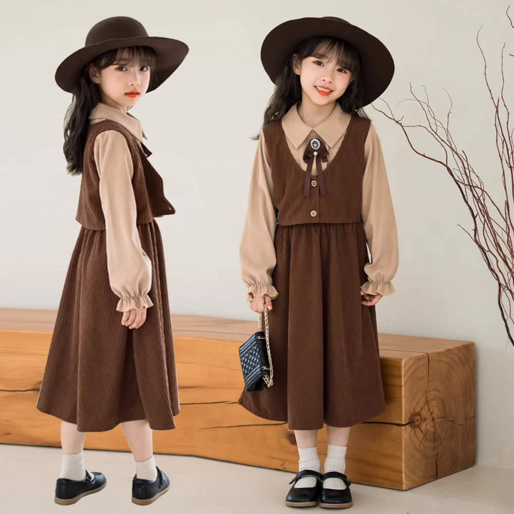 

Весенне-осеннее цельное вельветовое платье, искусственная детская одежда из трех предметов, модная одежда, коричневое платье с длинными рукавами для девочек-подростков от 4 до 14 лет