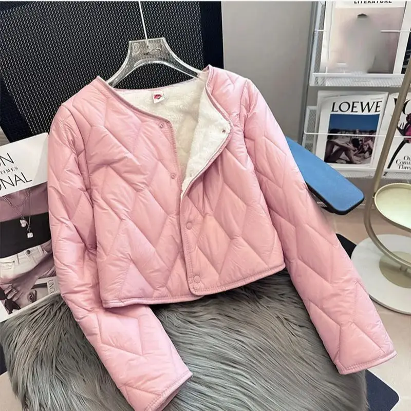 Pink Short Cotton Jacket Autumn Winter Women's Slim Fit Long Sleeved Coat Simple Solid Round Neck Warm Thickened Plush Top