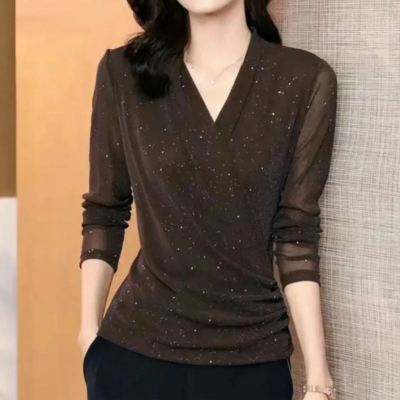 Bright Silk Long Sleeve V-Neck Vintage T-shirt 2022 Autumn Women\'s Clothing Stylish Casual Thin Gauze Spliced All-match Tops