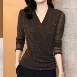 Bright Silk Long Sleeve V-Neck Vintage T-shirt 2022 Autumn Women's Clothing Stylish Casual Thin Gauze Spliced All-match Tops