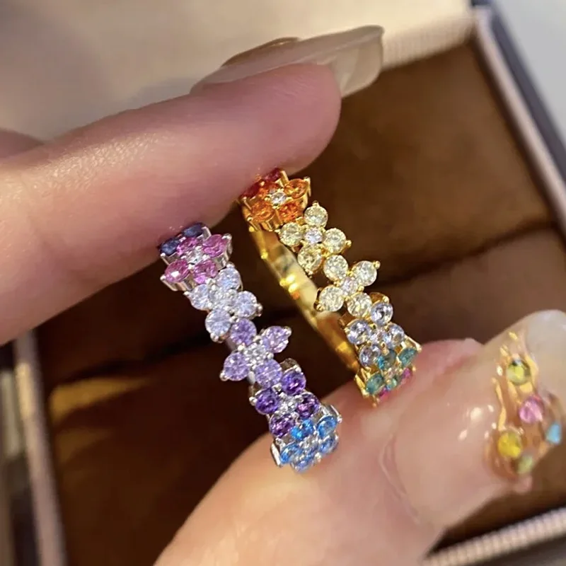 AETEEY S925 Silver Dopamine Color Zircon Camo Ring Low-key Luxury Women Stackable Finger Jewelry