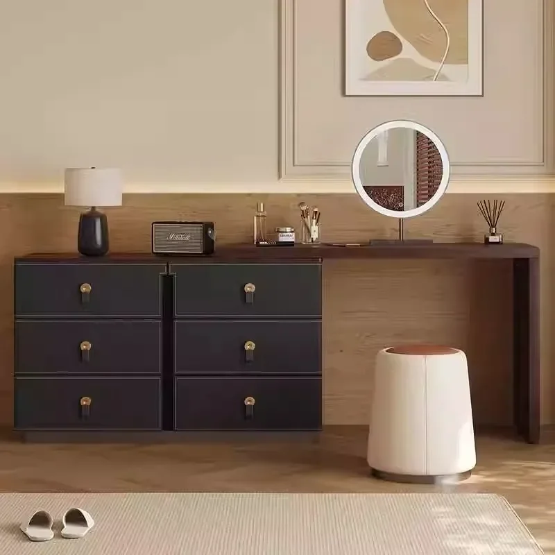 , integrated bedroom, bedside storage cabinet, modern simple walnut color, medium and antique solid wood makeup table