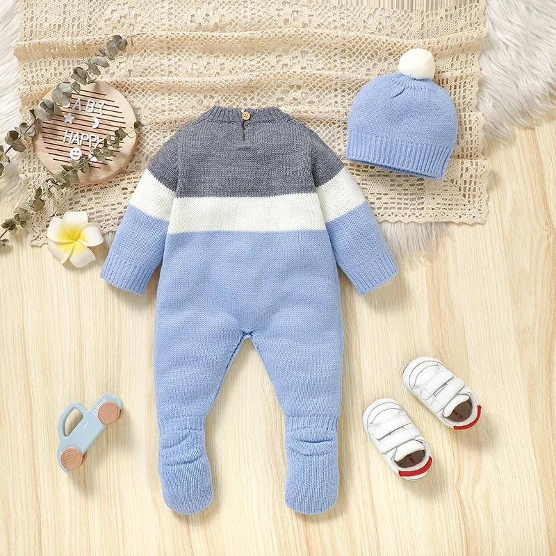 Newborn Baby Romper Set Knit Infant Kid Clothes Hat Fashion Striped 0-9M Foot Wrap Girl Boy Jumpsuit Outfits Long Sleeve Autumn