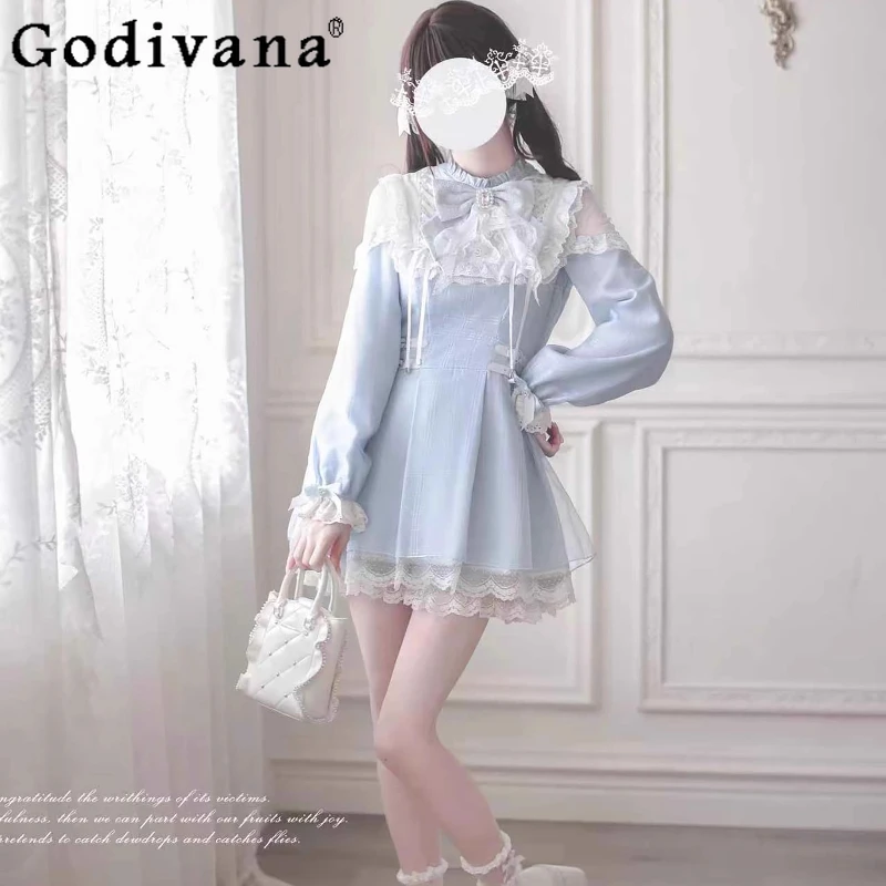 

Original Japanese Mine Mass-Produced Long-Sleeve Dress Autumn New Girl's Women Cute Bow Lace Off-Shoulder Princess Lolita Dress