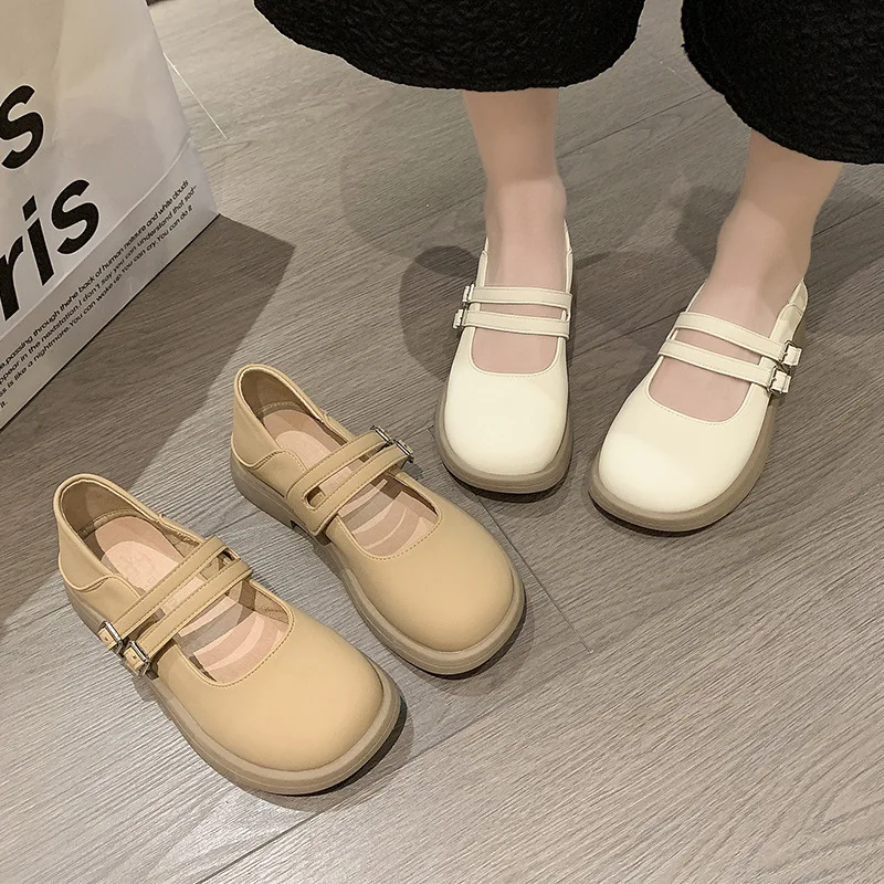 Women French  New Summer One Line with Round Toe Soft Sole Single Shoe Japanese Small Leather Shoes for Women