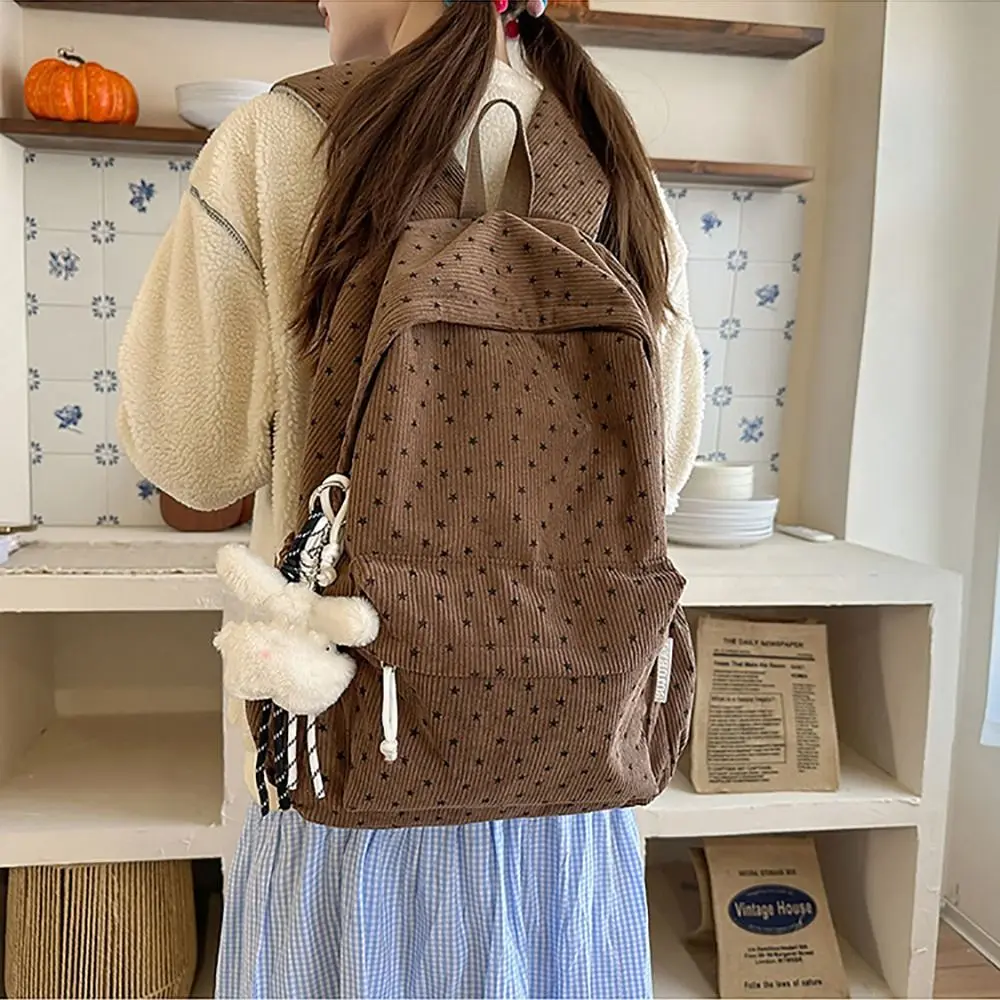 Multicolor Star Backpack Star Printed Corduroy Lightweight School Bag Breathable Large Capacity Shoulders Bag Autumn and Winter