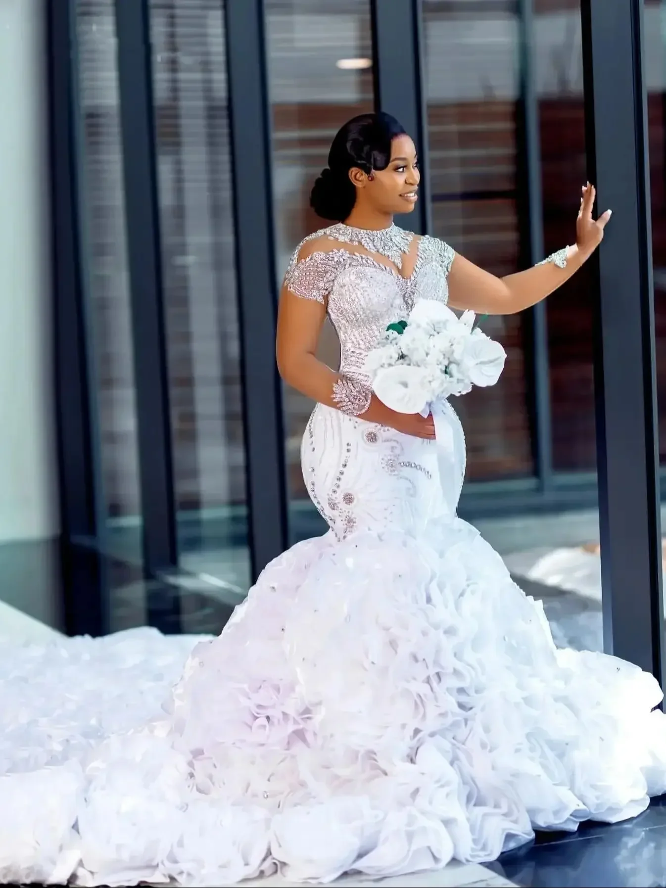 African Mermaid Wedding Dresses 2026 Luxury Shinny Crystals Bead Mesh Long Sleeves with Rufflues Train Bridal Gowns Customized