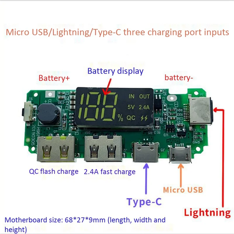 ABZZ-LED Dual USB 5V 2.4A Micro/Type-C USB Mobile Power Bank 18650 Charging Module Lithium Battery Charger Board 6Pcs