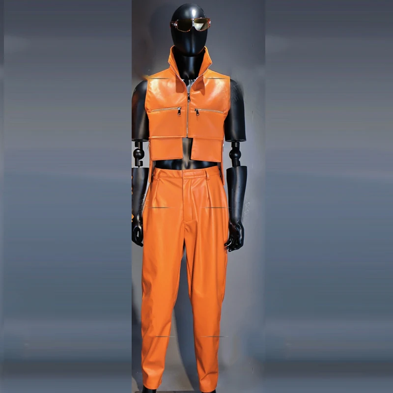 펑크 스타일 오렌지 고고 댄스 의상 남성 여성 재즈 댄스 의류 바 나이트 클럽 Dj Ds 무대 레이브 복장 성능 착용 XS9720