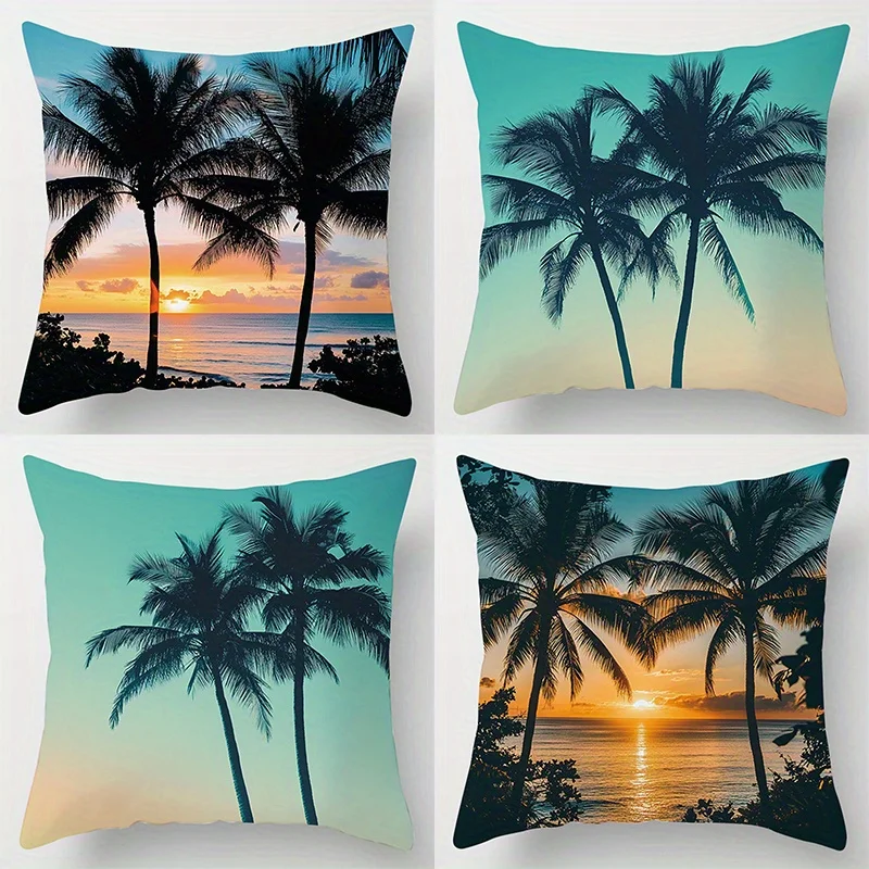 Tropical Sunset Palm Trees Pillowcase Set of 4 Square Throw Cushion Covers Beach Hawaiian Home Decor 40x40cm
