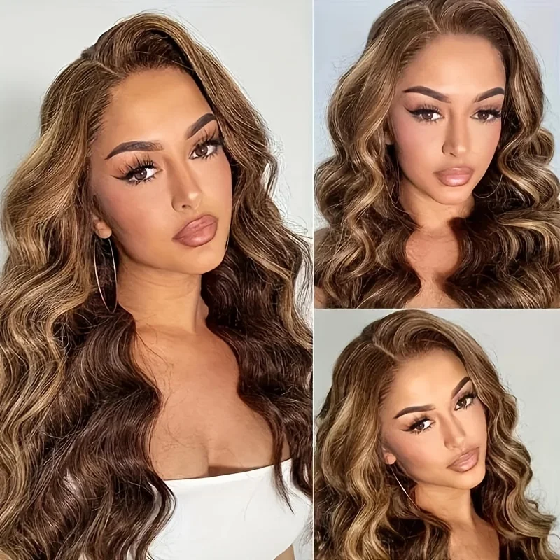 

﻿ 3B 3C Honey Blonde Ombre Lace Front Wig Human Hair Highlight Body Wave HD Lace Front Wigs Human Hair 4/27 Colored 28 Inch ﻿