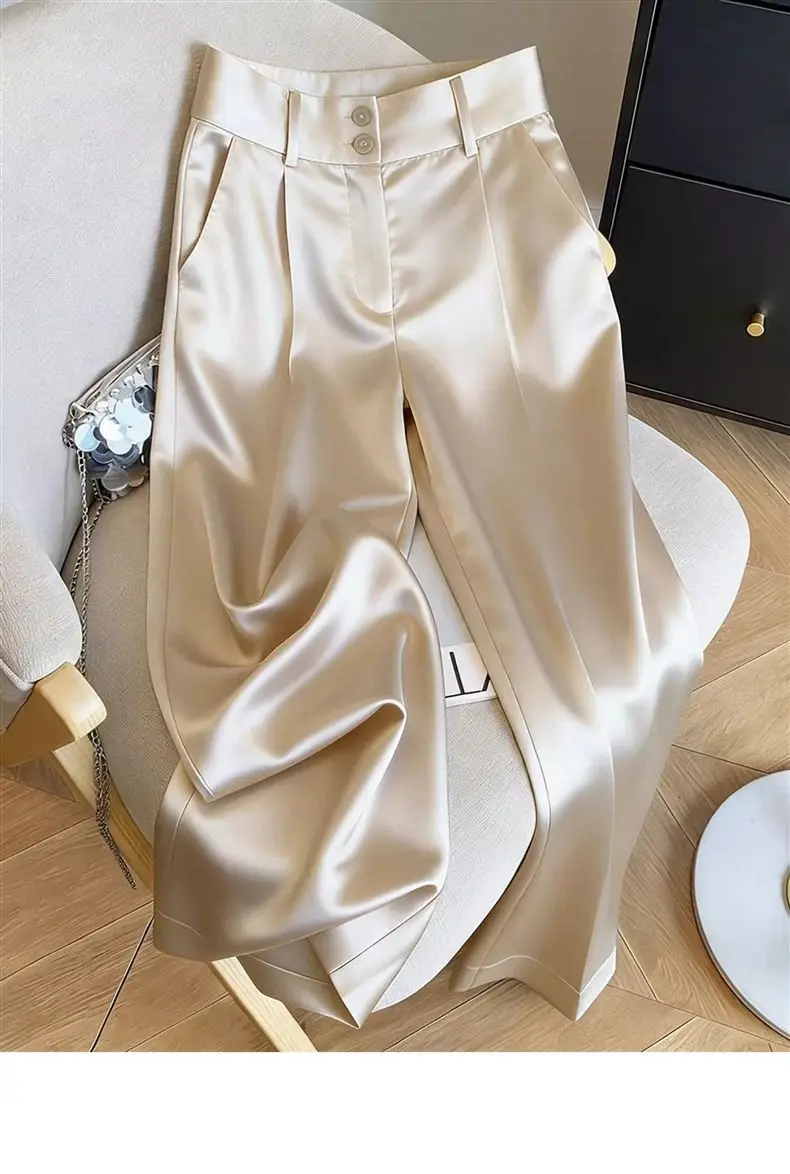 Silk Women's Pants Solid Color Champagne Ladies with Wide Leg Pants New High Waist Breathable Satin Summer Suit Women's Pants