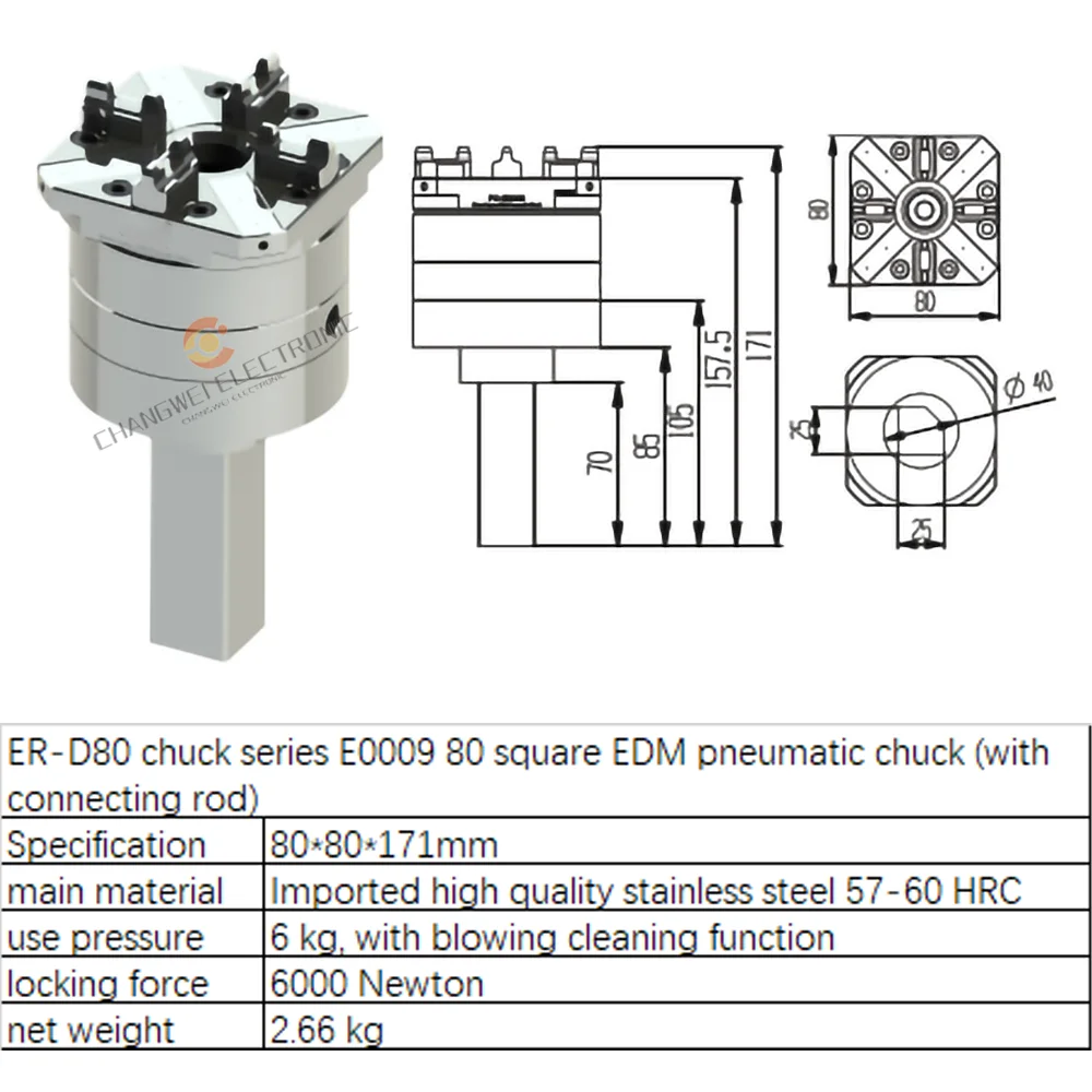 

Precision CNC Carving Chuck ER/3R Interface for EDM Spark Machine Clamping 80mm Square Pneumatic Chuck With Connecting Rod