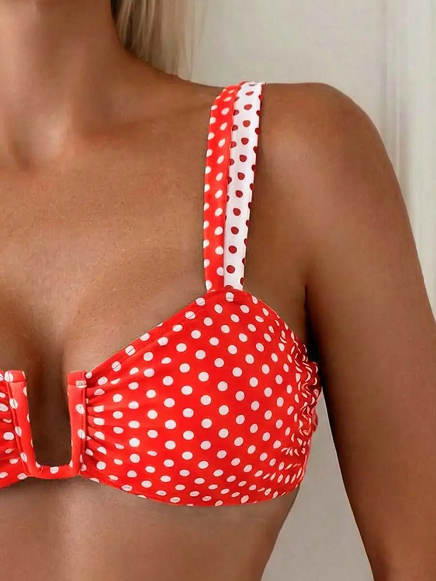 Womens Red White Polka Dot Adjustable Strap Bikini Top Beach Swimwear