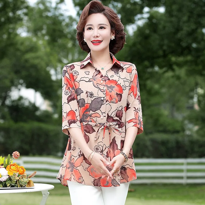 Plus size Middle-Aged Elderly Female Blouse Spring Summer long Shirt Womans Mother Ladies Coat Seven Sleeves Collared Shirt Tops