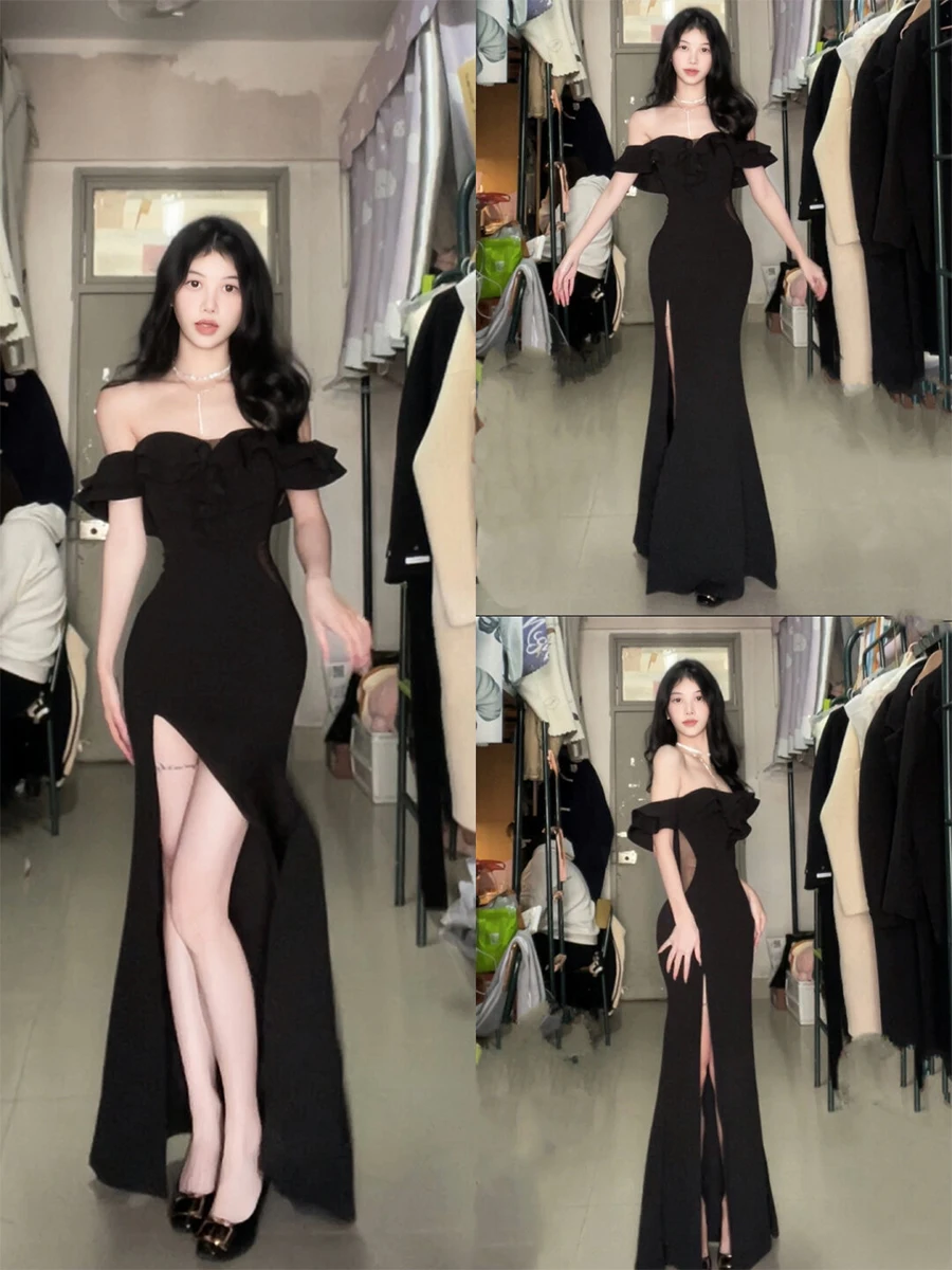 

Элегантное однотонное длинное платье на одно плечо с высоким разрезом для женщин, весенне-осеннее, женственное, стройнящее, А-силуэт