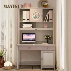 Girl Liked Lovely Pink Solid Wood Learning Desk Simple Household Student Writing Desk And Bookcase Combination Home Furniture