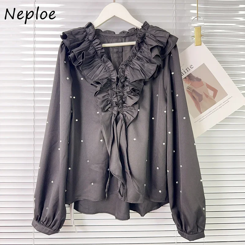 Neploe Advanced French Style Ruffle Edge Rhinestone Hot Stamping Shirt Femme 2025 Early Spring Solid Color Elegant V-neck Blouse