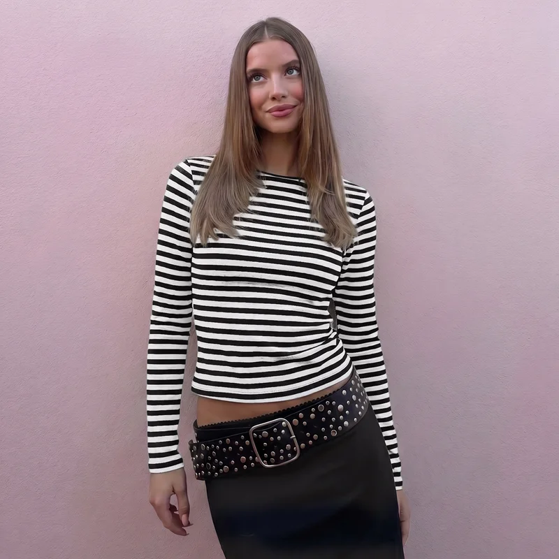 Hugcitar Gestreiftes Farbblock-Langarmshirt, Sexy Slim Fit Crop T-Shirt Top, Herbst Damenmode Kleidung, Streetwear, Party, Club – Detail 32
