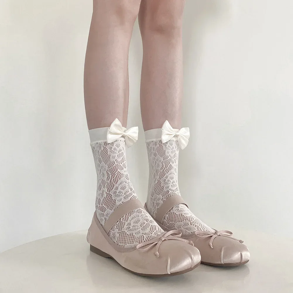

Кружевные сетчатые носки с бантом, женские милые однотонные нейлоновые длинные носки в балетном стиле в стиле "Лолита"