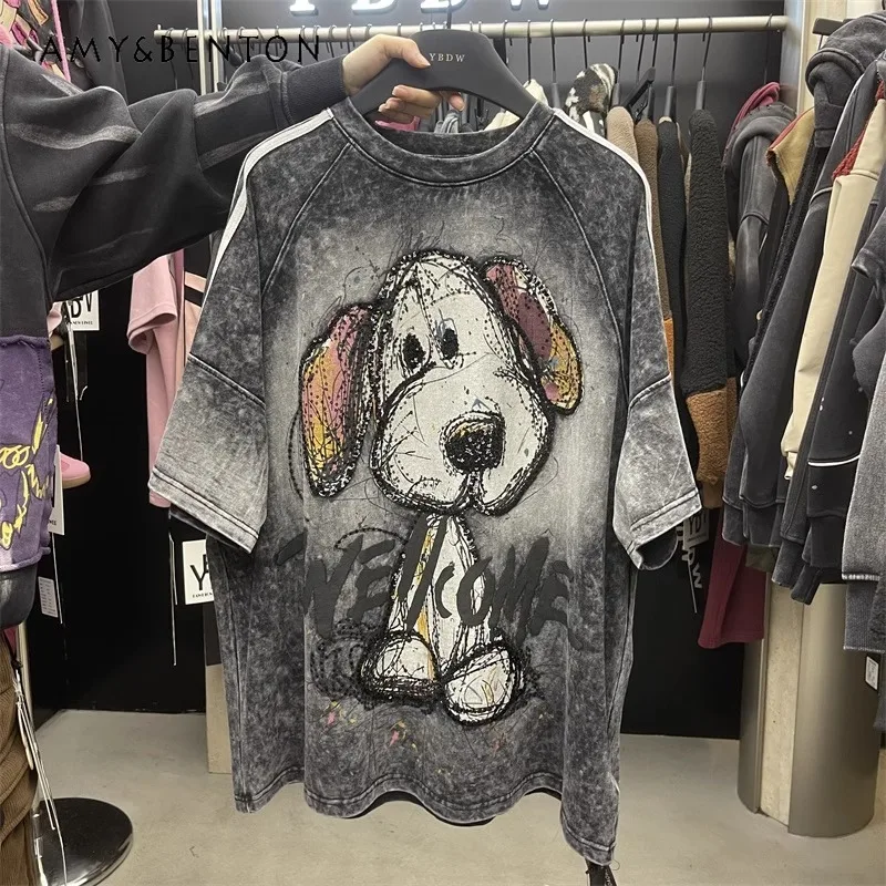 Fashion Cartoon Printed Sequins Heavy Industry Fashionable Versatile Short Sleeves Tees Autumn Winter Loose And Thin T-shirt Top