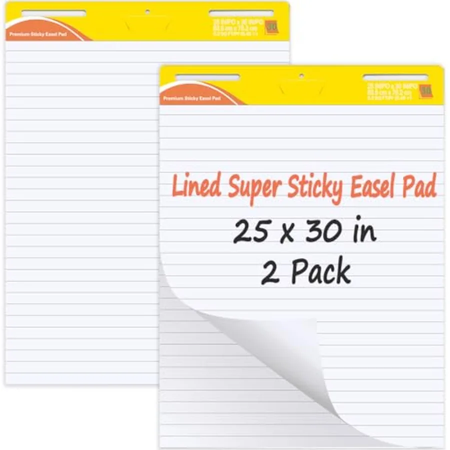 

2 блока самоклеящихся листов для флипчарта, 25 x 30 дюймов, белые, 30 листов/блок, бумага для анкерных диаграмм для учителей, желтые линованные листы для флипчарта