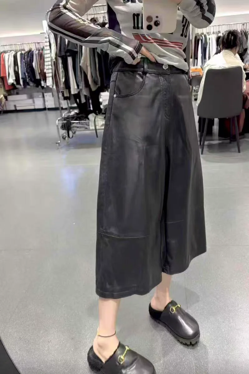 

Новые женские брюки из натуральной кожи, повседневные, с широкими штанинами, в стиле ретро, американский стиль, для офиса, с высокой талией, осень 2025