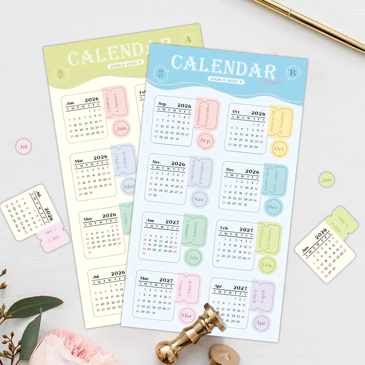 2 hojas de pegatinas de calendario 2026 coloridas estéticas, pestañas decorativas desmontables para fecha, para diario de balas, álbumes de recortes, oficina y escuela