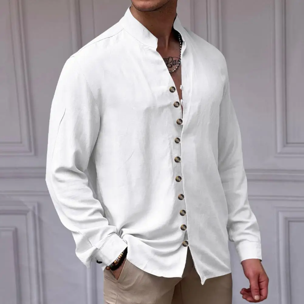 Autumn Spring Men's Shirt Lapel Stand Collar Loose Long Sleeve Button Cardigan Ethnic Style Casual Shirt