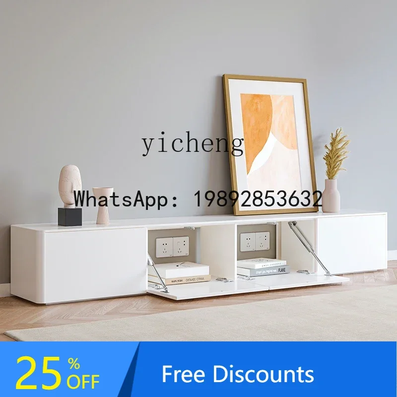 

TV cabinet living room small apartment floor-to-ceiling minimalist white solid wood TV cabinet coffee table combination