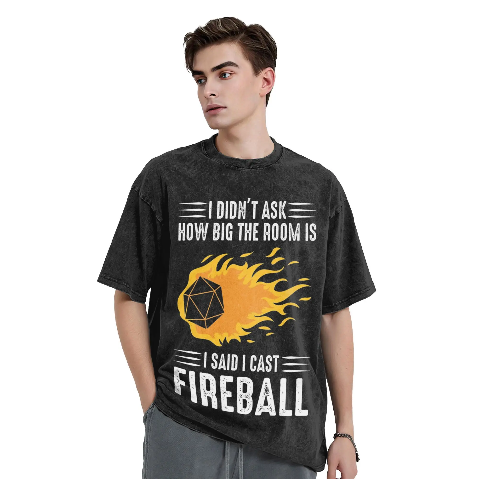 Eu elenco bola de fogo feiticeiro dm presente ttrpg camisetas masculinas lavadas camisetas de manga curta gola redonda roupas de algodão puro