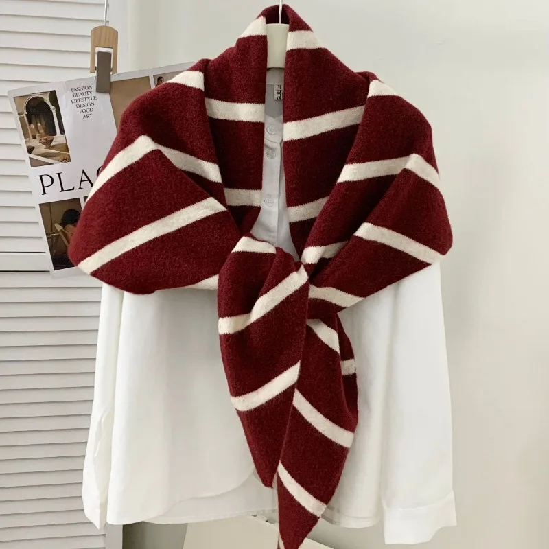 

Шерстяной треугольный шарф-палантин в полоску, универсальный вязаный шарф для женщин, модный и теплый, для ношения на выход