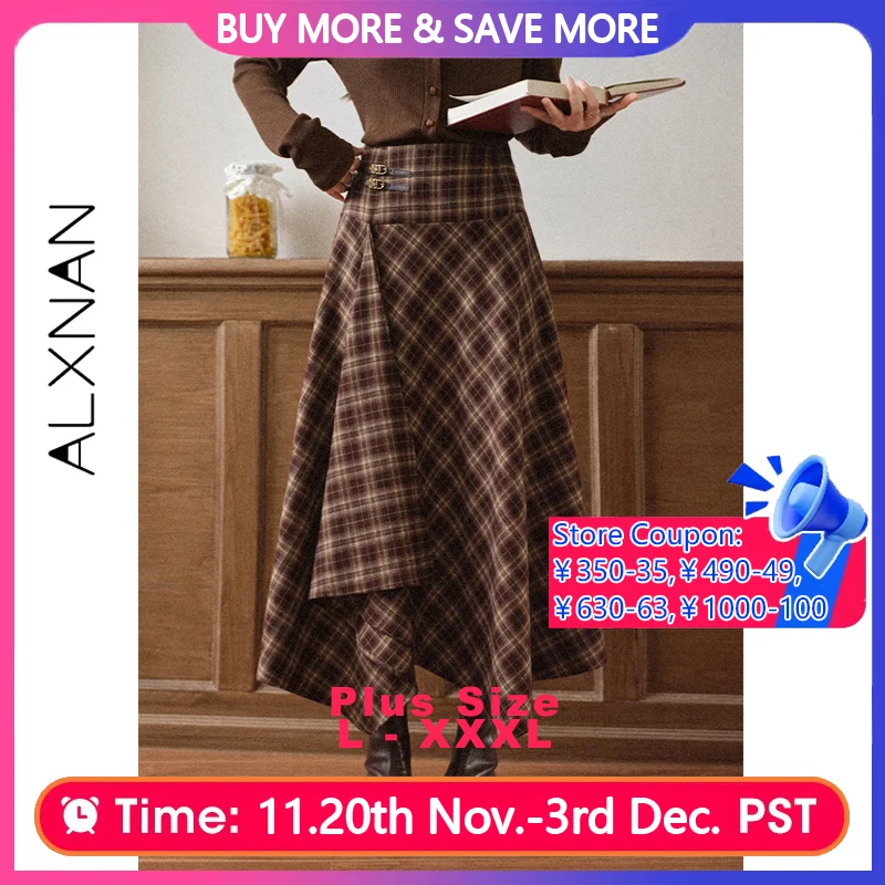 

ALXNAN Plus Size Vintage Plaid Skirt Irregular Plaid Long A-line High Waist Skirts Fall Office Lady Casual Female Skirt D12727