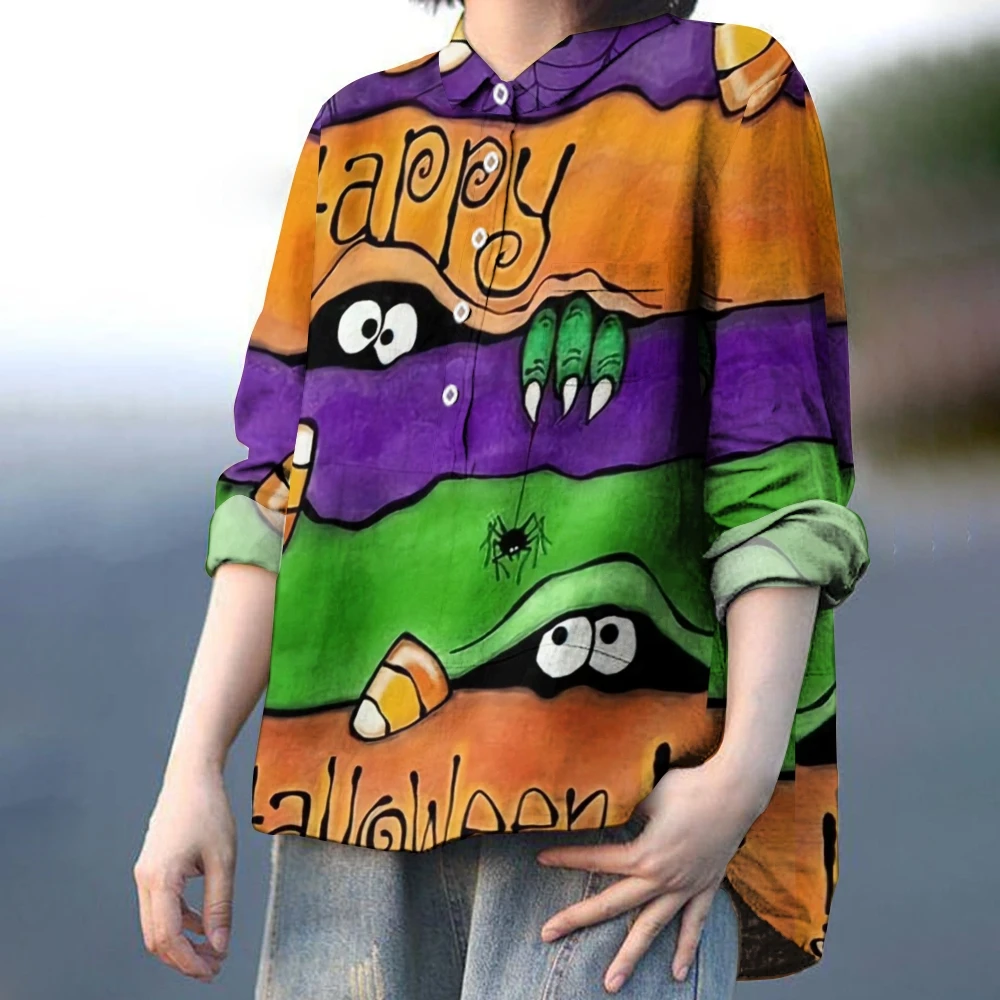 Happy Halloween Cute Missile Monster Faces Women's Print Casual Long Sleeve Shirt Trick-or-Treat Top Women Ghost Halloween Party