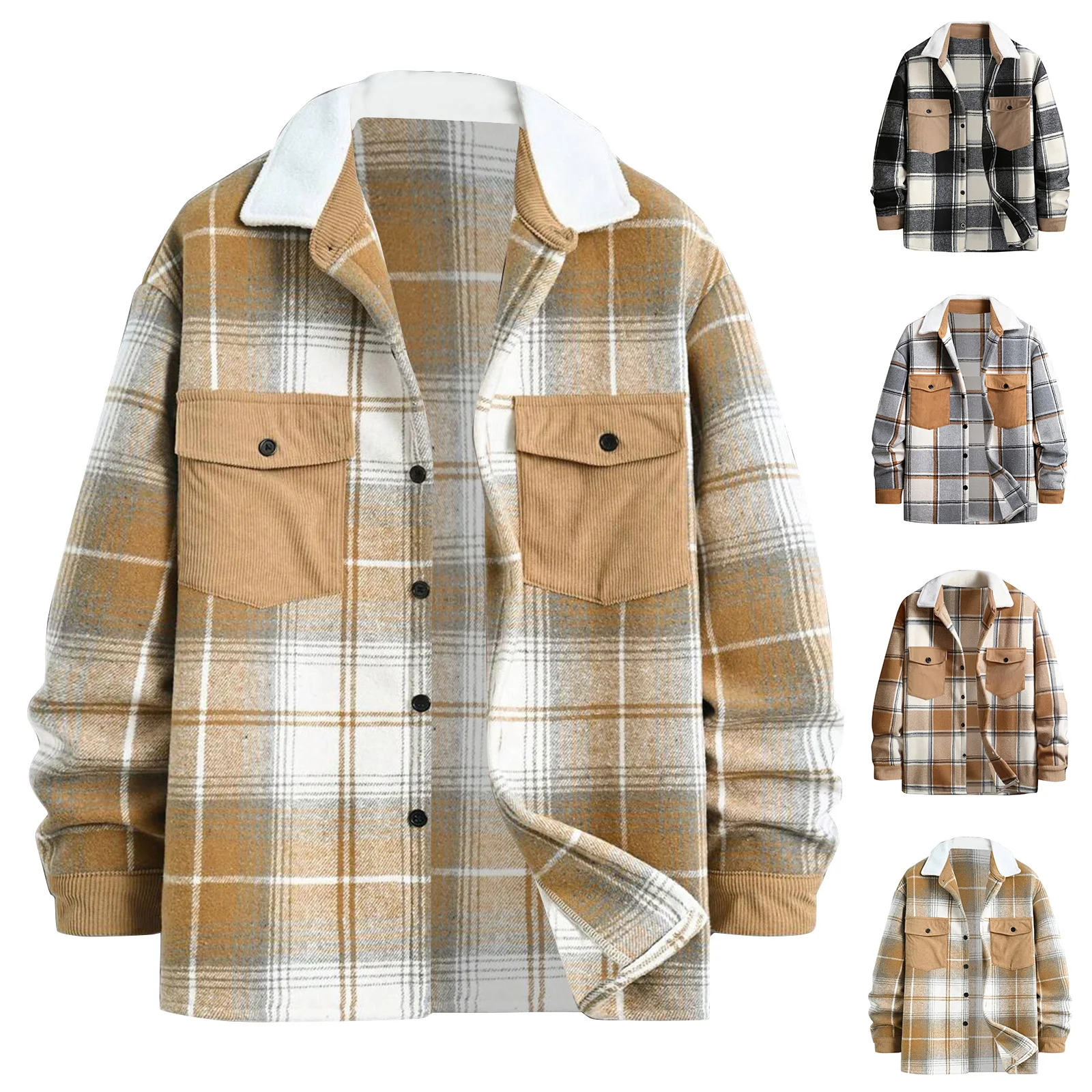 

Men Fashion Popular Shirt Casual Plaid With Pockets Button Lapel Collar Jackets Male Soft Cozy Comfortable Winter Costume