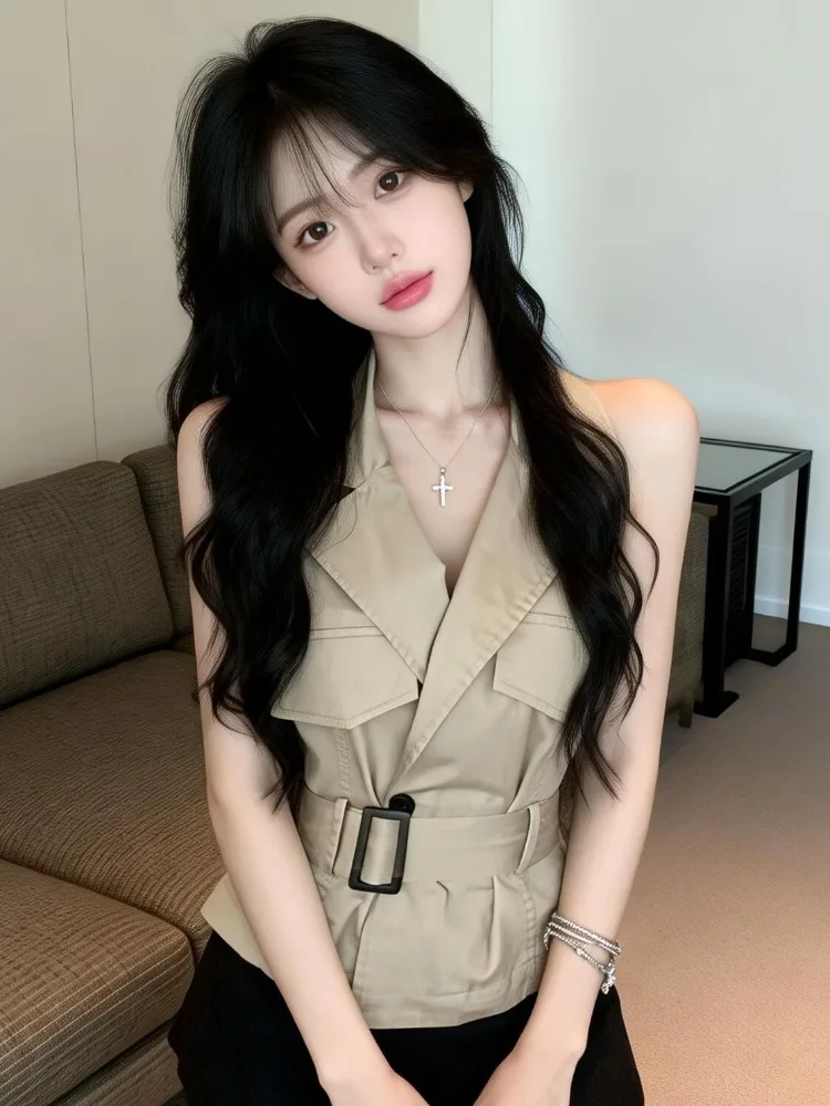 Slimming British Style  Neck Vest Women's Summer Waist Cinching Double Pocket Versatile Short Top Fashionable Citywalk