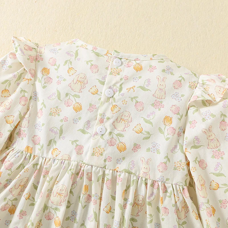 Robe d'automne pour filles, imprimé Floral, avec ourlet à volants, broderie de lapin, manches longues, robes de princesse en coton, tenue mignonne pour tout-petits, 2025