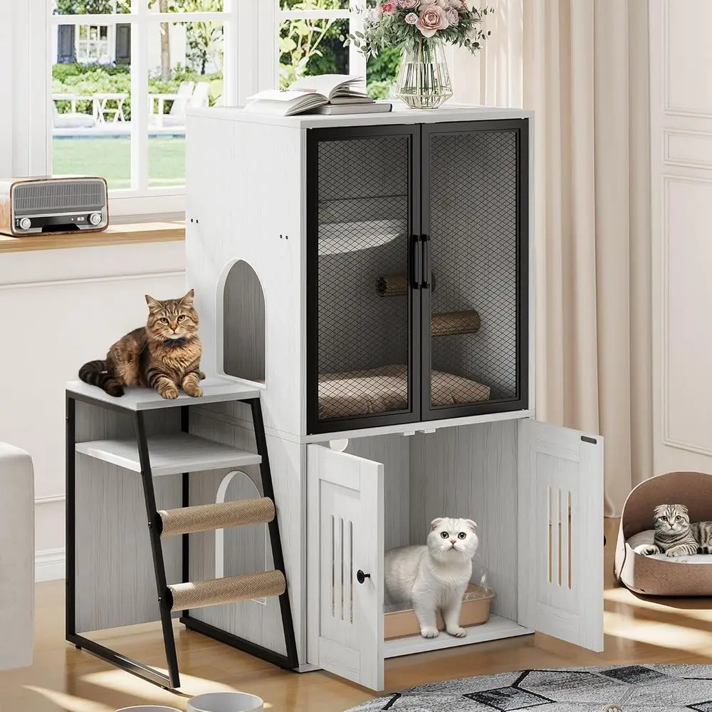 2-Tier Enclosed Litter Box Furniture with Door, Hidden Storage, and Ladder, White
