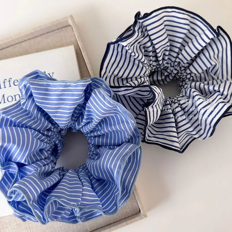 Double Layer Ruffle Scrunchies Rubber Band Blue Striped Hair Rope Ties Women Hair Accessories Ponytail Holder Elastic Hair Bands